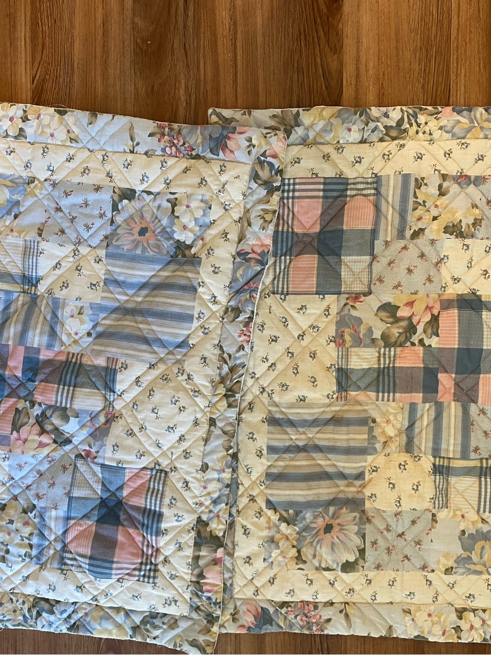 Floral & Plaid Quilted Pillow Sham Set in Blue, Pink & Cream